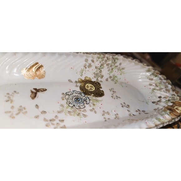 Antique Fine Bone China Serving Dish, w scalloped sides, real gold guilt flowers - Picture 10 of 12